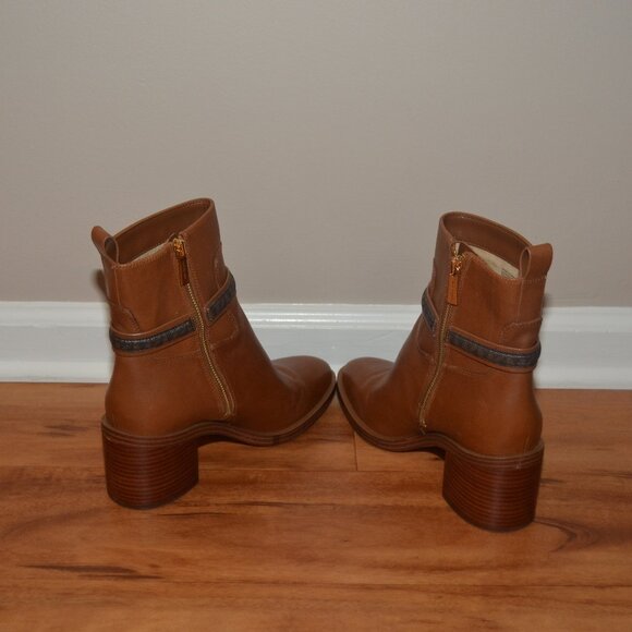 Michael Kors Womens 8.5 Brown Leather Mindy Block Heel Logo Zip Almond Boots - Picture 6 of 14